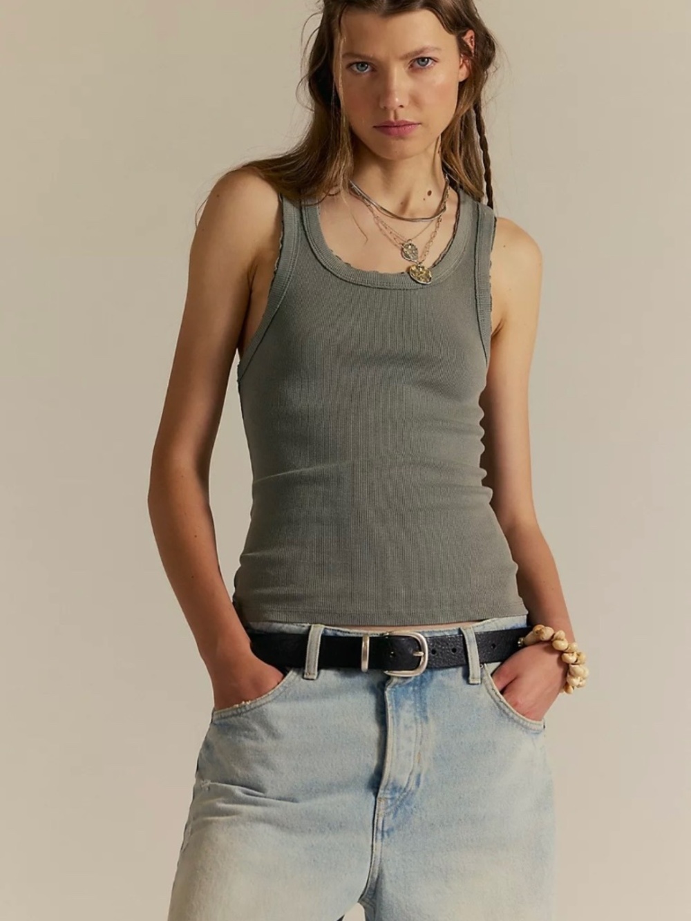 Free People We The Free Rowan Tank Shadow Ribbed Scoop Neck Top Size